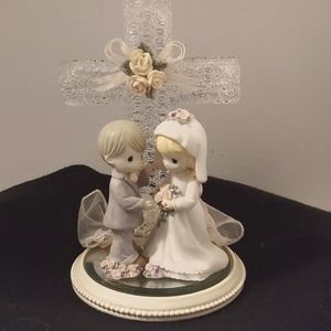 PM Cake Topper/Gift Bride & Groom w Cross on Mirror Stand